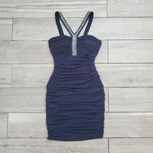 Trixxie junior's stretch navy dark blue beaded ruched sexy knee length dress S